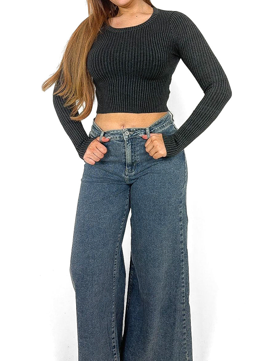 Faded Knit Ribbed Crop Sweater