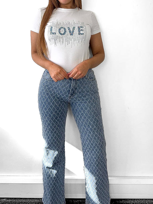 Distressed Criss Cross Wide Leg Jeans