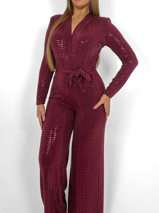 Long Sleeve Belted Sequin Jumpsuit