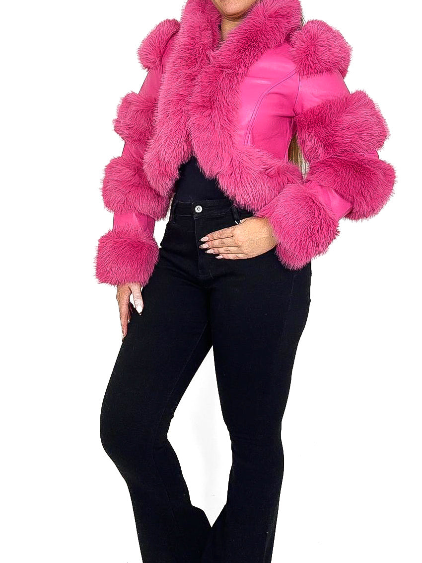 Faux Fur Trim PU Bolero Jacket