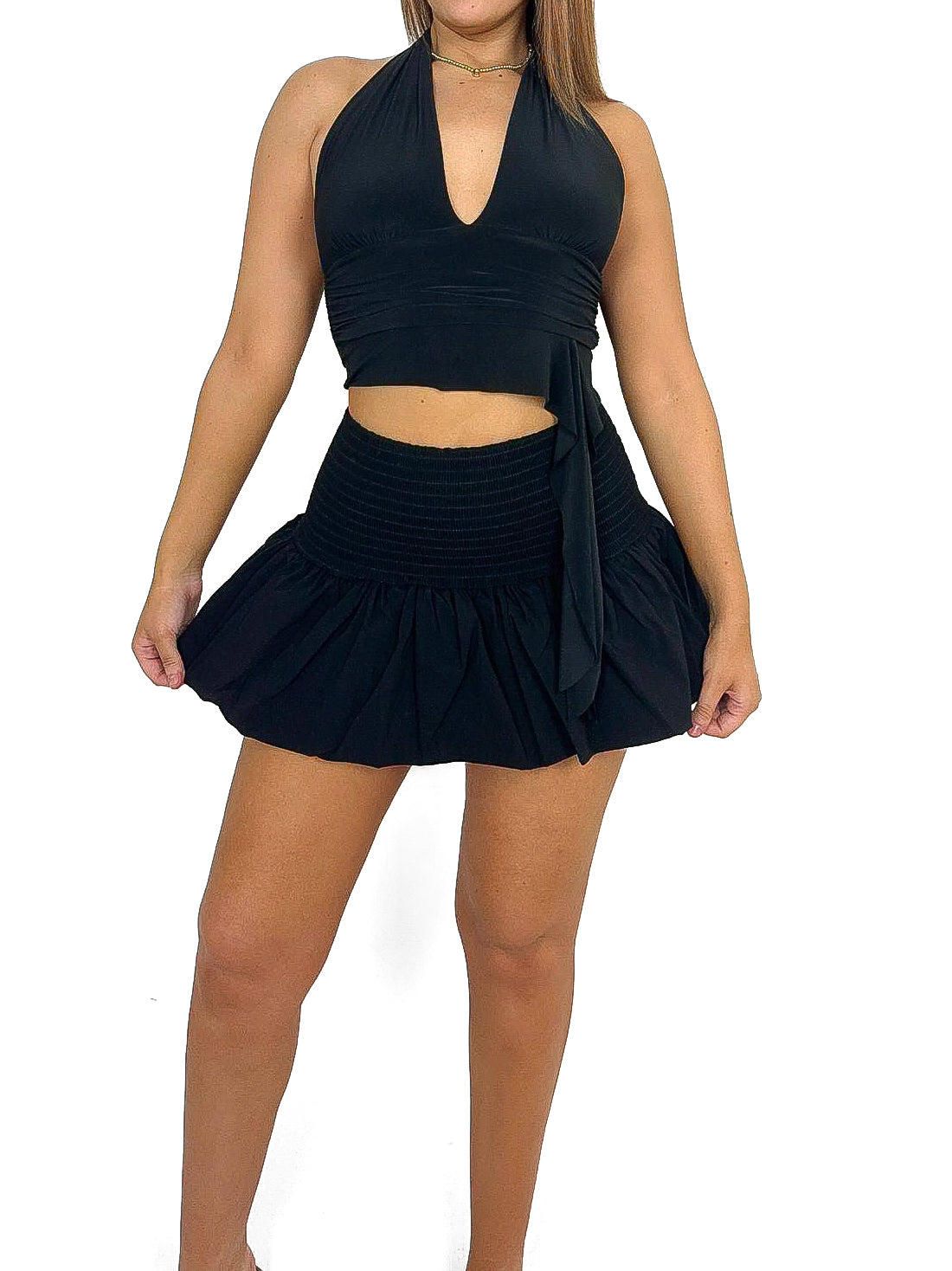 Shirred Waist Puffball Mini Skirt