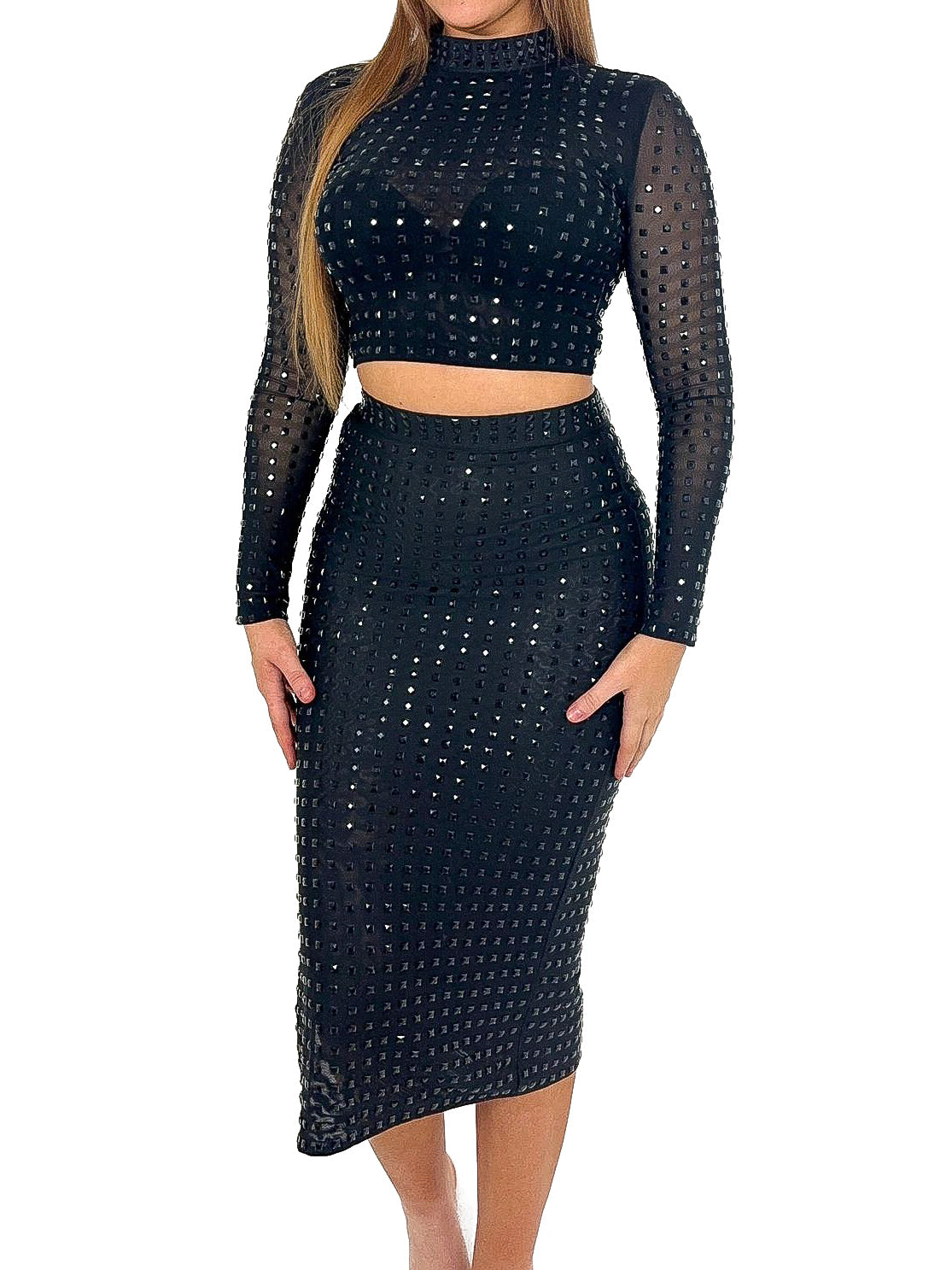 Square Diamante Mesh Top & Skirt Co-Ord