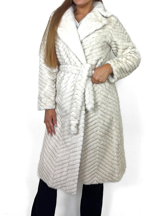 Chevron Longline Belted Faux Fur Coat