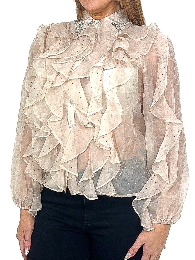 Sheer Studded Blouse With Diamante Collar