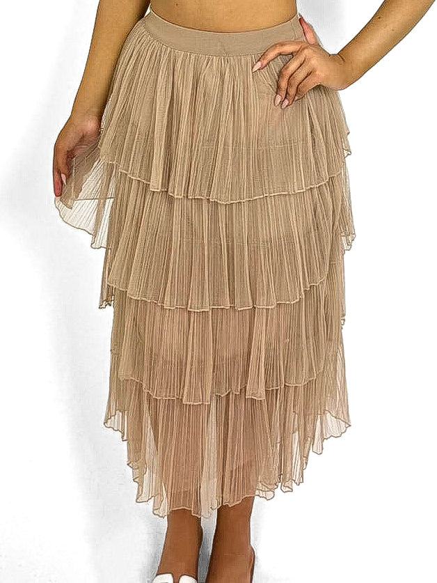 Layered Mesh Pleated Midi Skirt