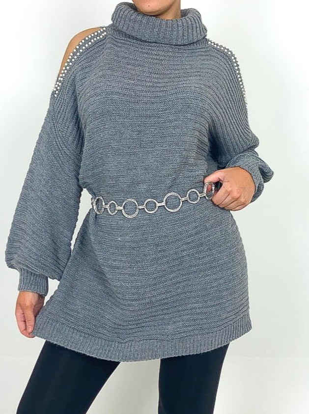 Pearl Detail Cold Shoulder Jumper