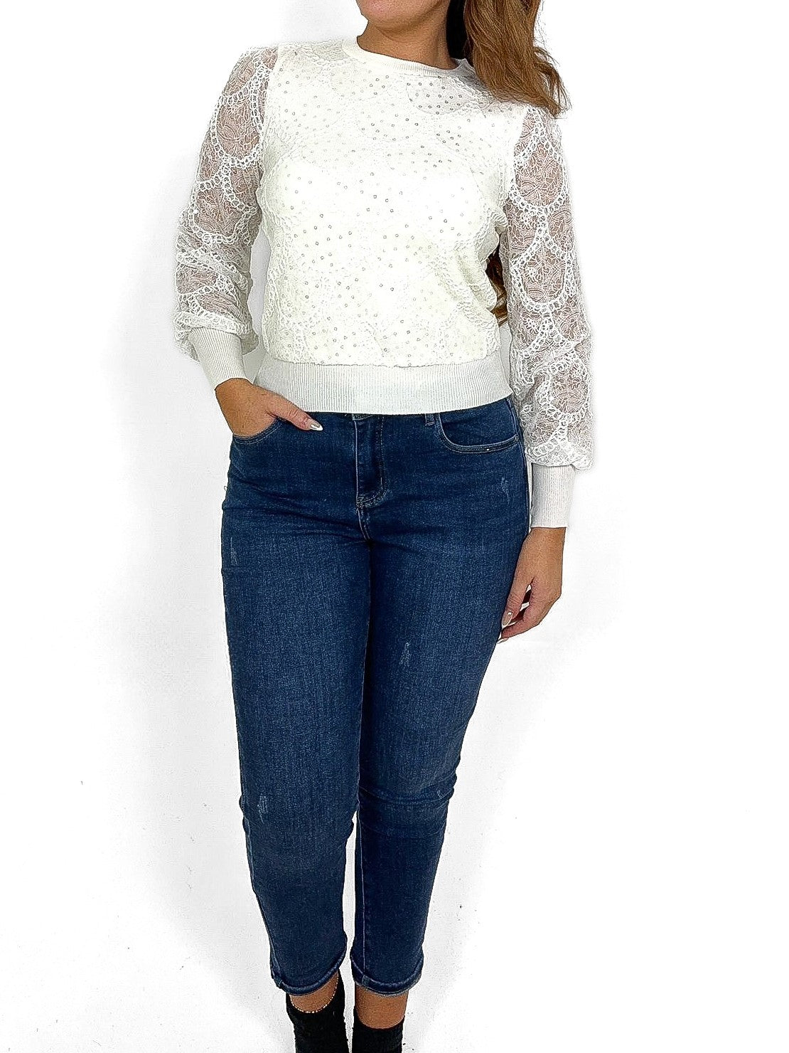 Lace Overlay Puff Sleeve Sweater