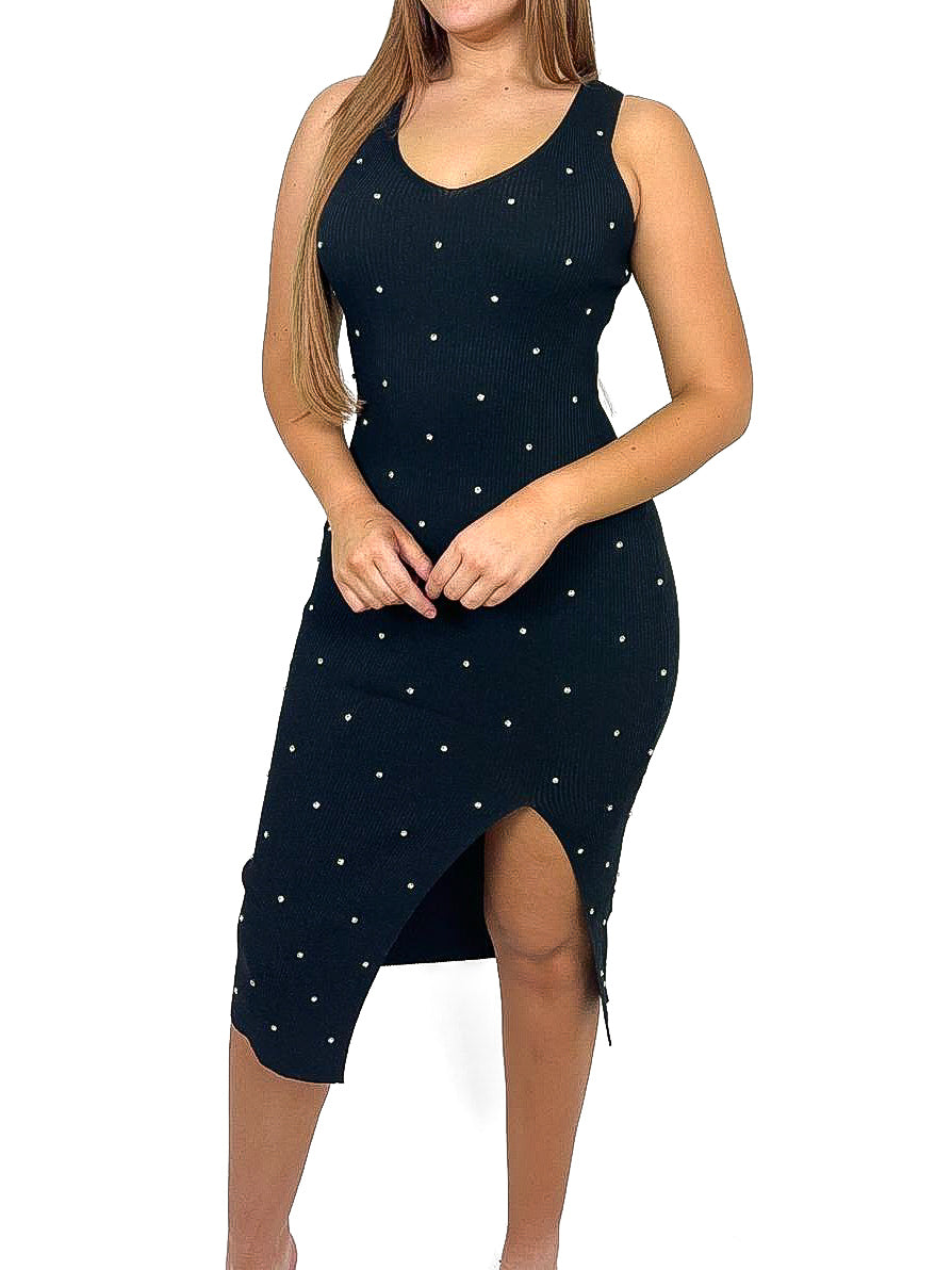 V Neck Diamante Stud Knitted Dress