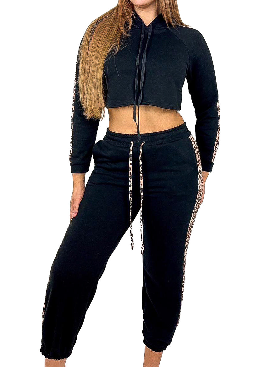 Leopard Trim Crop Hoodie Tracksuit