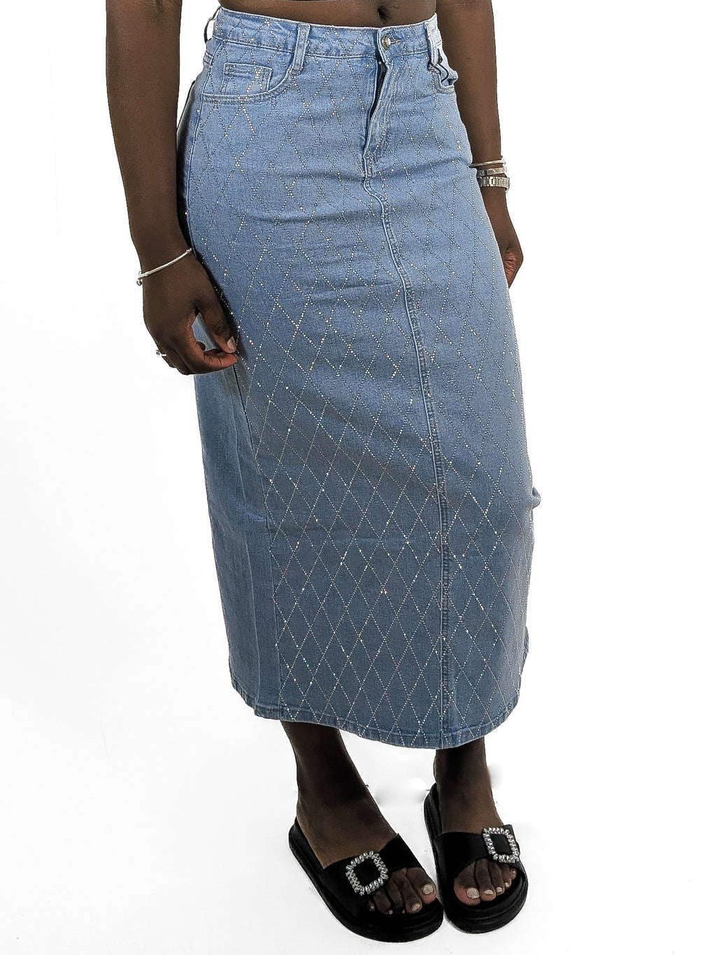 Criss Cross Diamante Denim Skirt