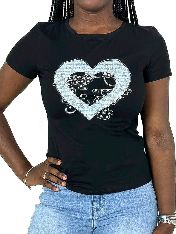 Tweed Heart Diamante T-Shirt