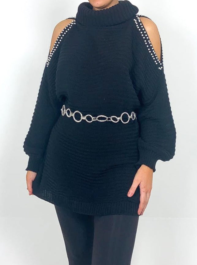 Pearl Detail Cold Shoulder Jumper