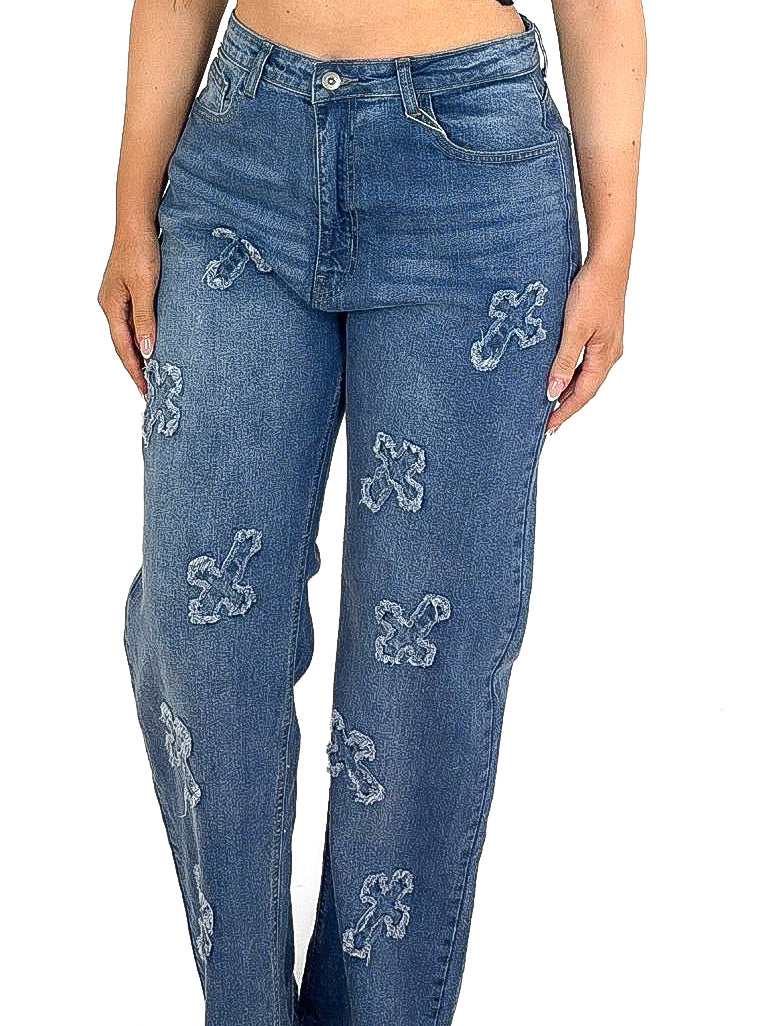 Cross Applique Wide Leg Jeans