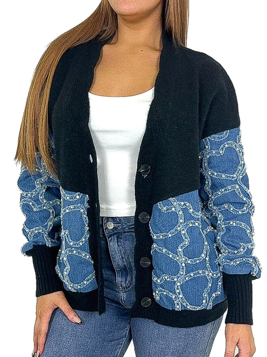 Oversized Denim Heart Detail Cardigan