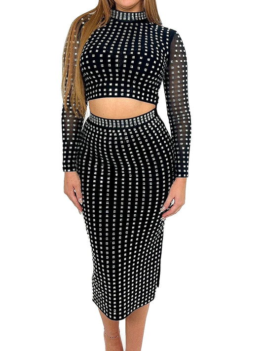 Square Diamante Mesh Top & Skirt Co-Ord