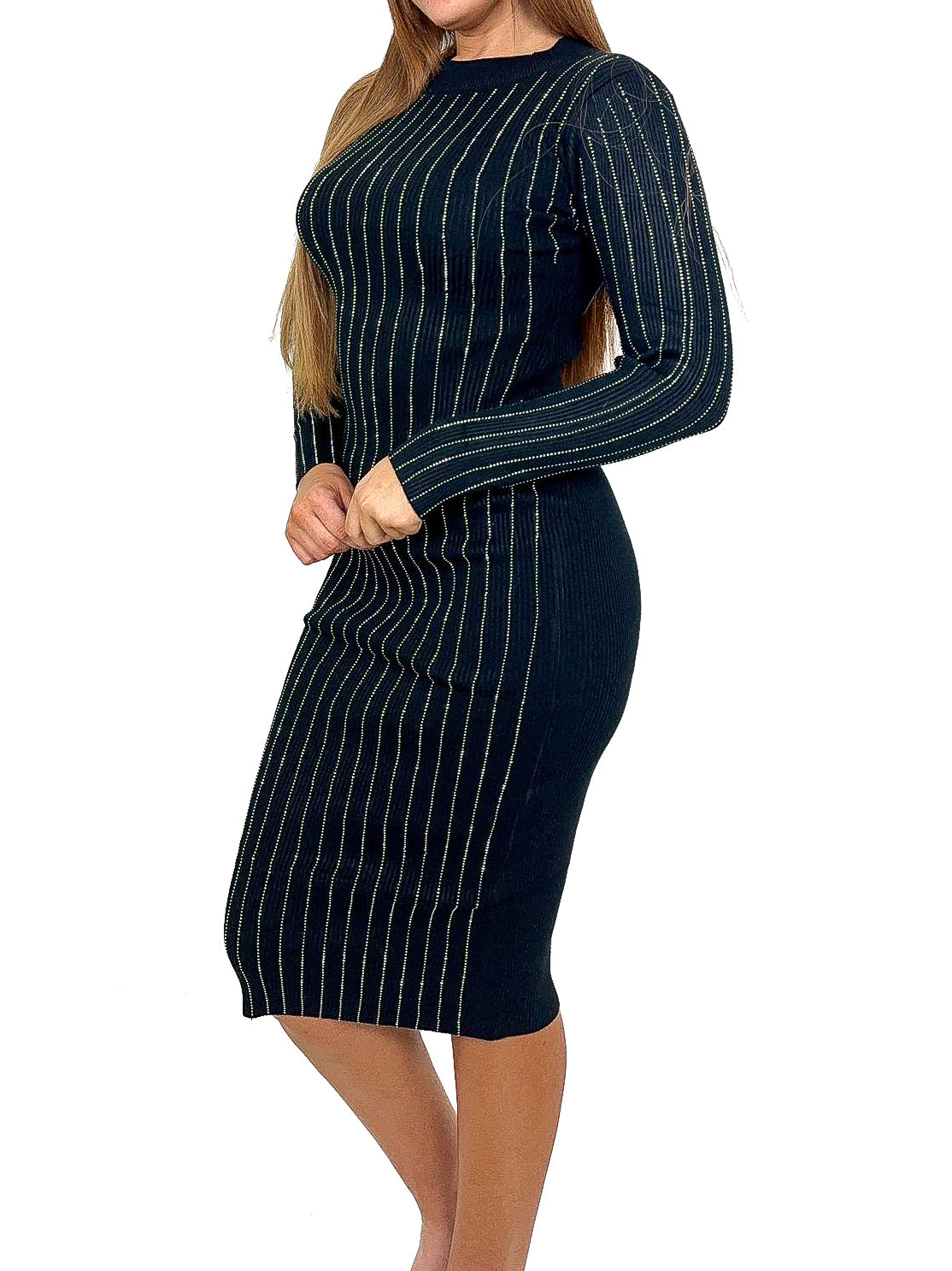 Diamante Stripe Long Sleeve Knitted Dress