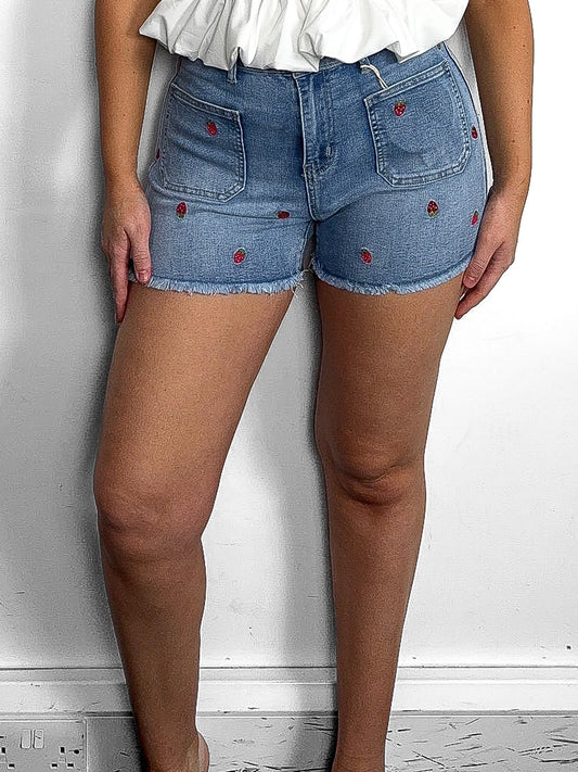 Strawberry Embroidered Denim Shorts