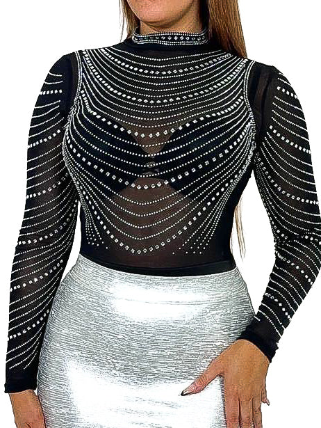 Diamante Drape Design Mesh Bodysuit