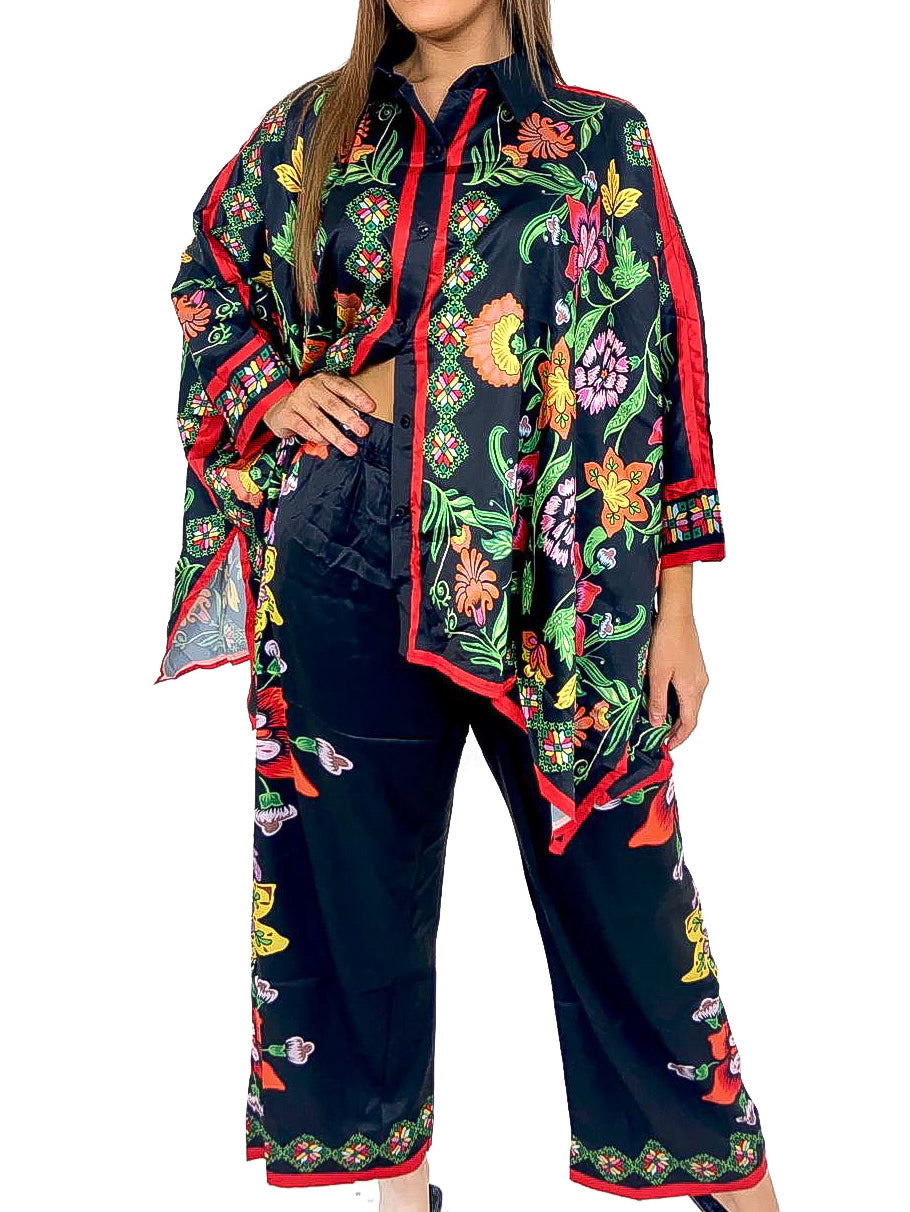 Floral Scarf Print Oversized Satin Co-Ord