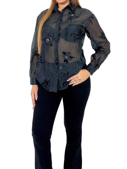 Floral Embroidered Sheer Blouse