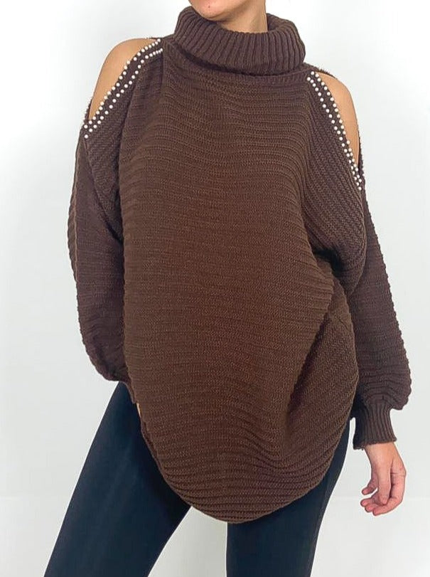 Pearl Detail Cold Shoulder Jumper