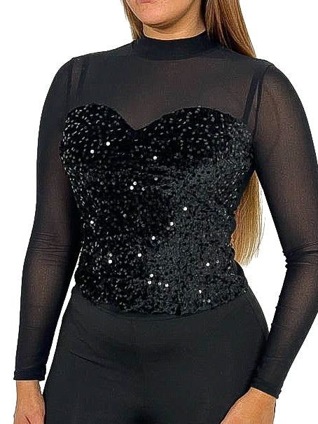 Illusion Neckline Sequin Covered Mesh Top