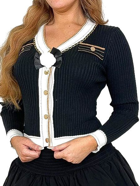 Chain Trim Contrast Design Cardigan