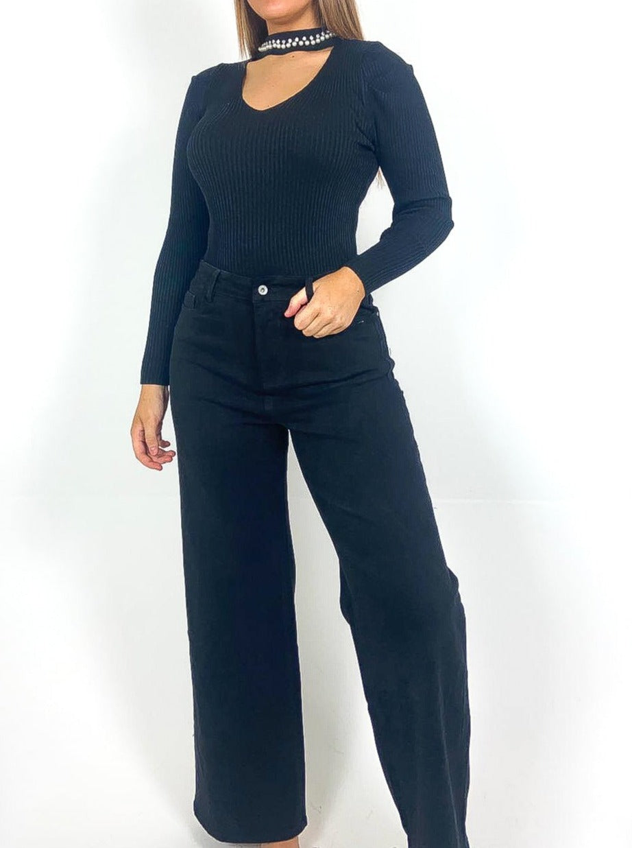 Cut Out Diamante Choker Neck Jumper