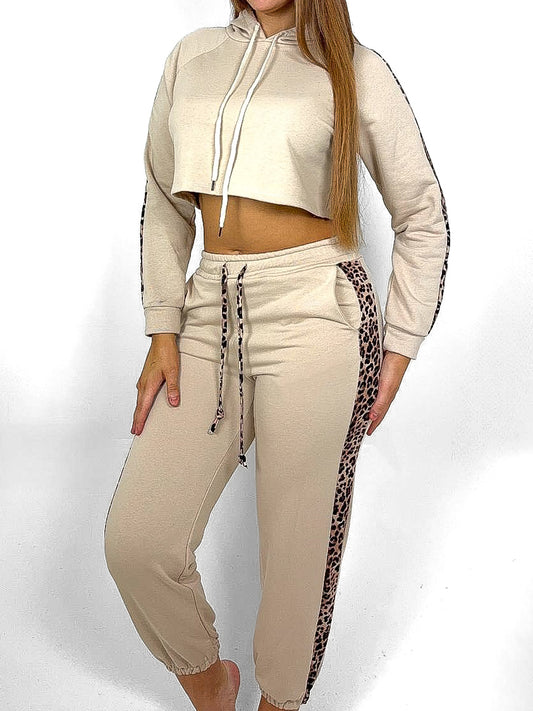 Leopard Trim Crop Hoodie Tracksuit