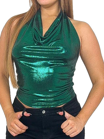 Cowl Neck Metallic Crop Top