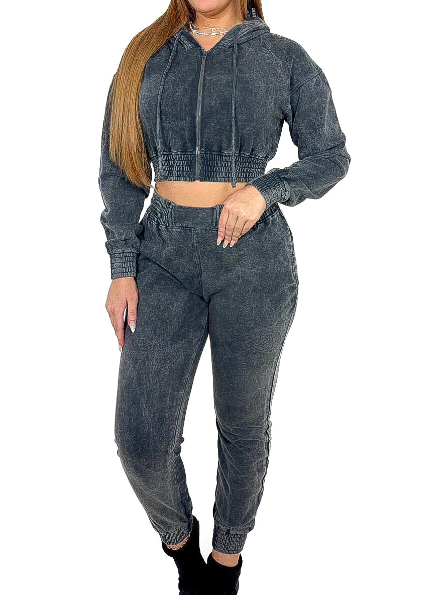 Washed Out Zipped Crop Hoody Tracksuit