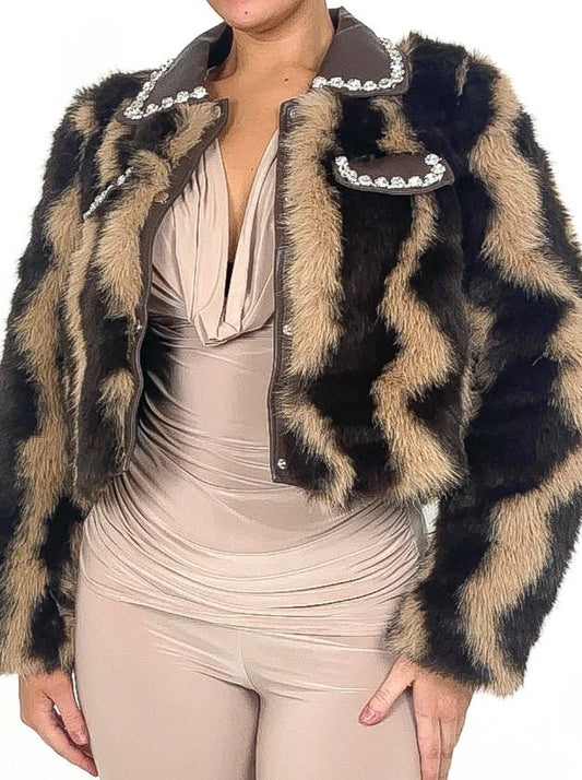 Duo Tone Embellished Faux Fur Jacket