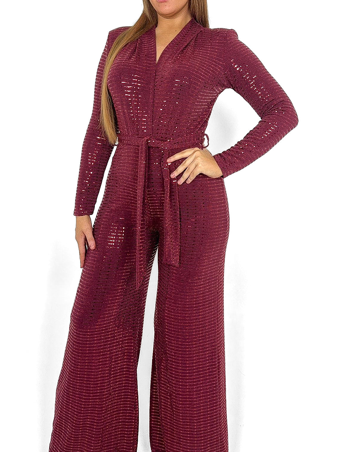 Long Sleeve Belted Sequin Jumpsuit