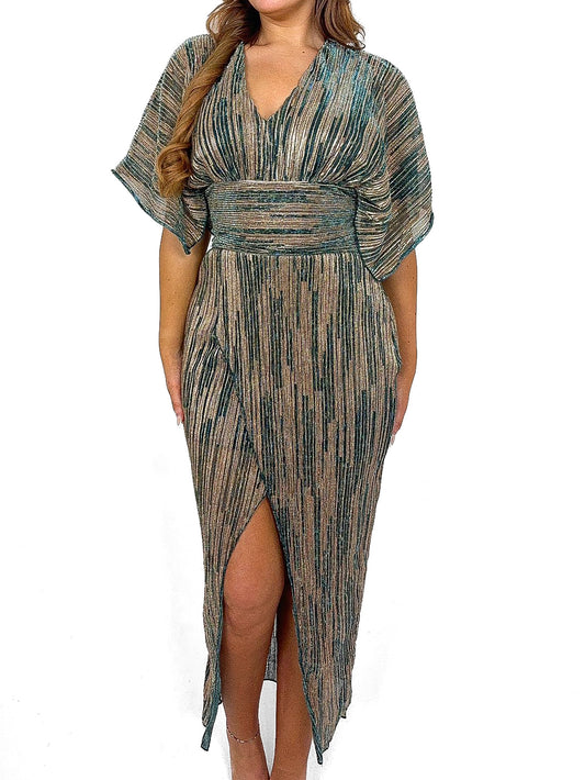 Angel Sleeve Metallic Midi Dress