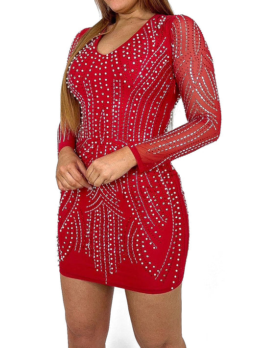 Long Sleeve Pearl & Diamante Mesh Dress