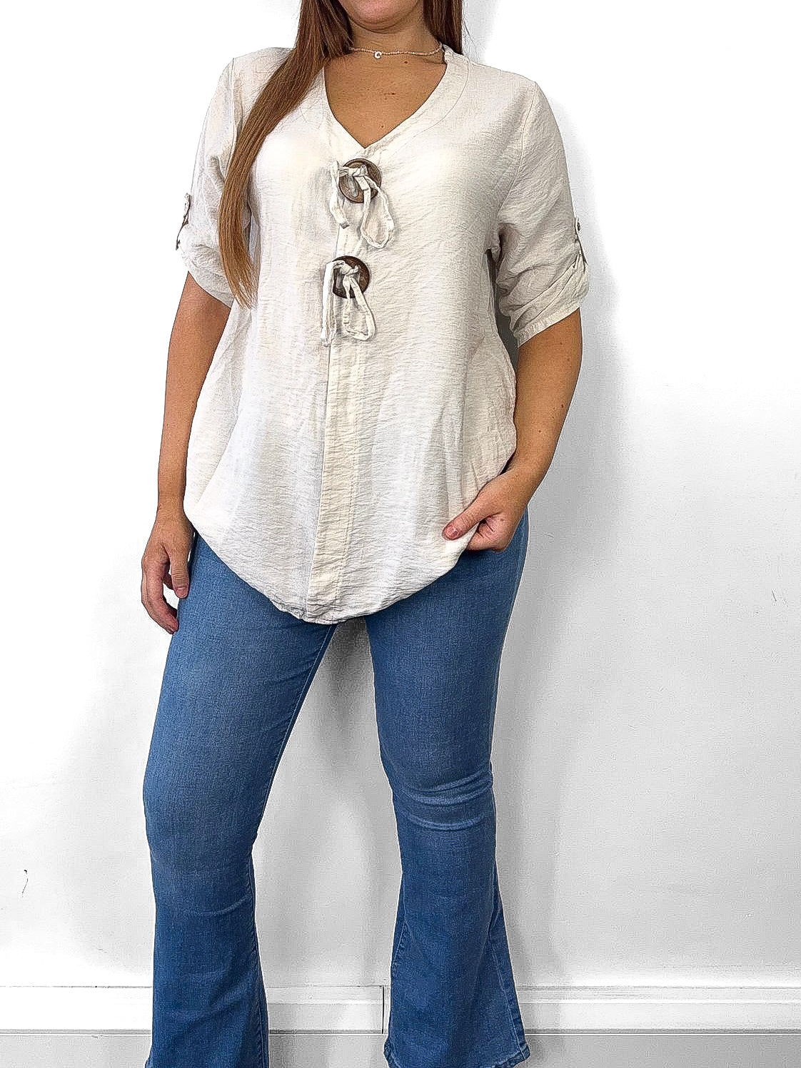 Oversized Chunky Button Linen Look Blouse