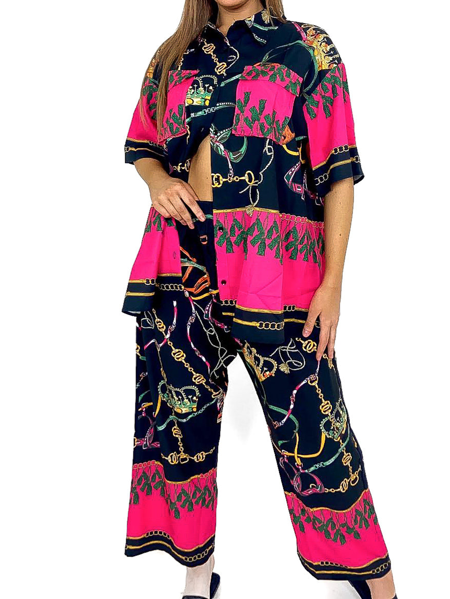 Crown Print Oversized Satin Co-Ord