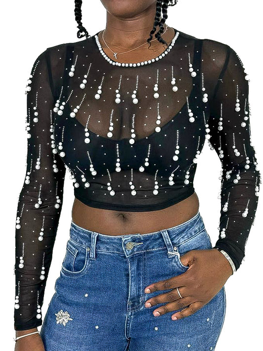 Diamante & Pearl Droplet Style Mesh Top