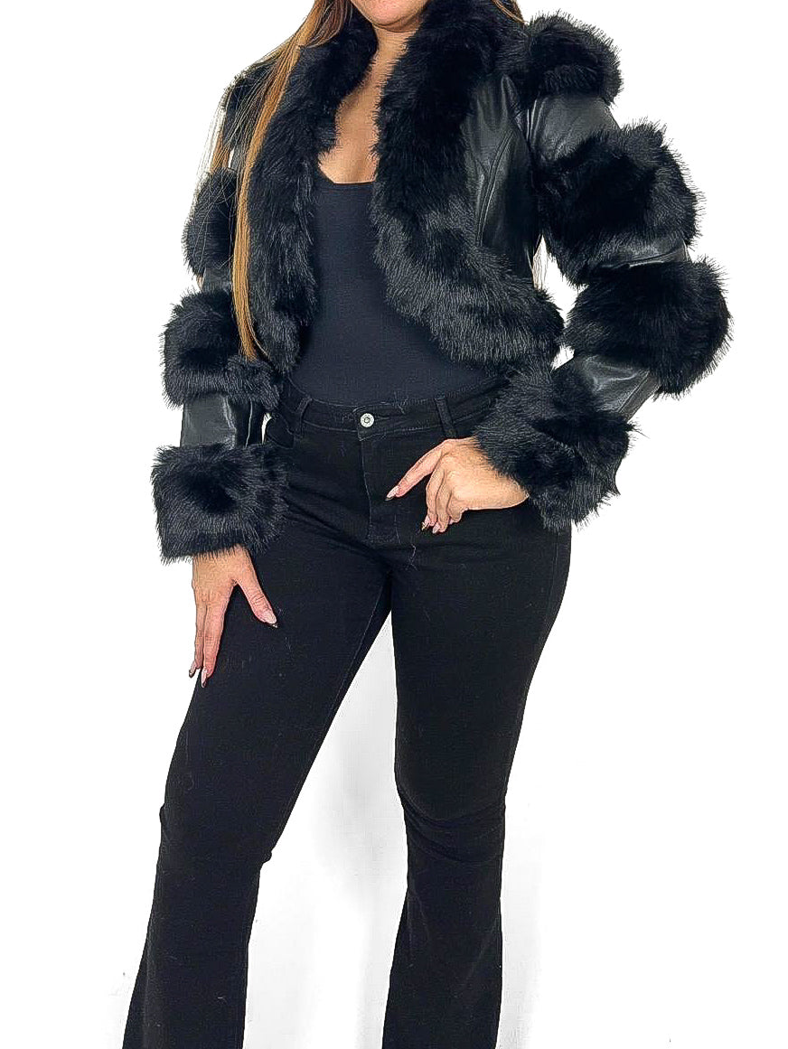 Faux Fur Trim PU Bolero Jacket