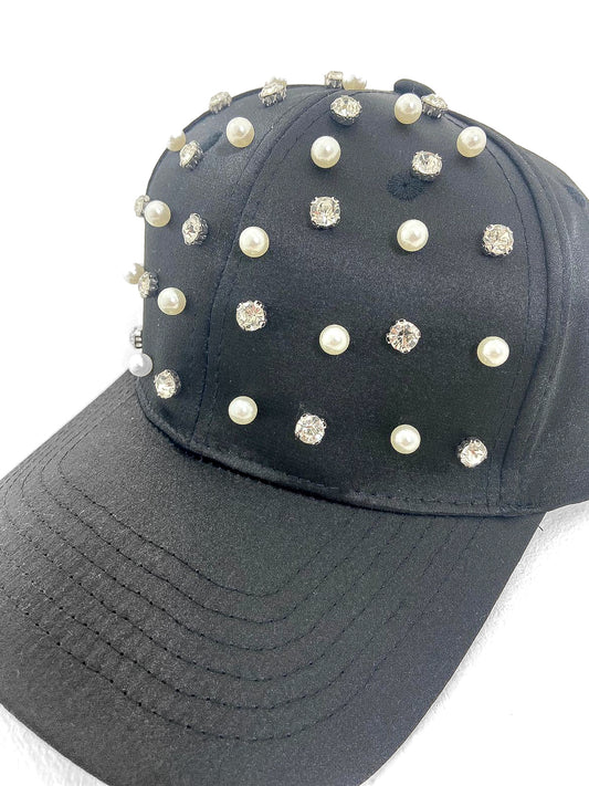 Satin Baseball Cap With Pearl Studs