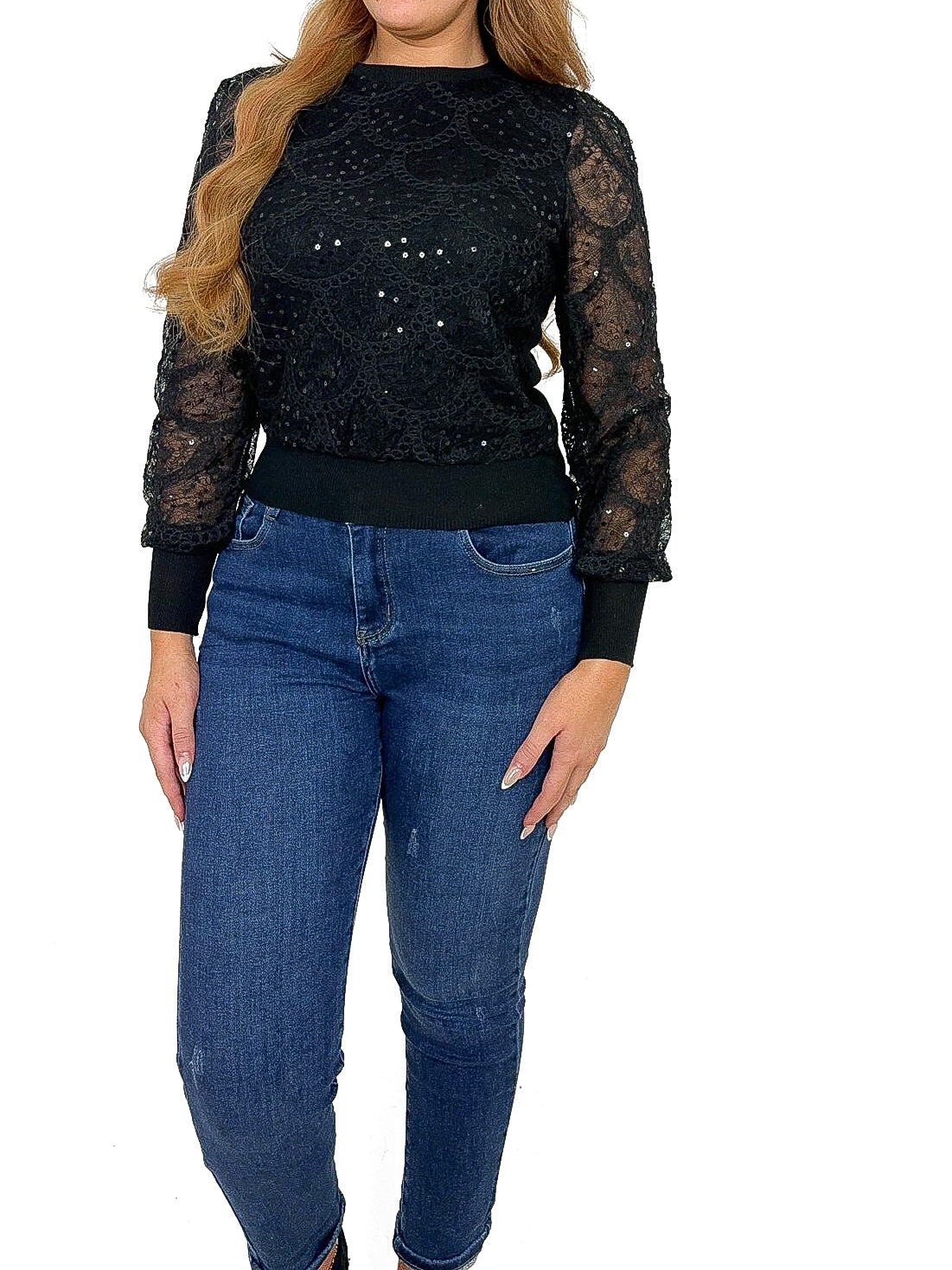 Lace Overlay Puff Sleeve Sweater