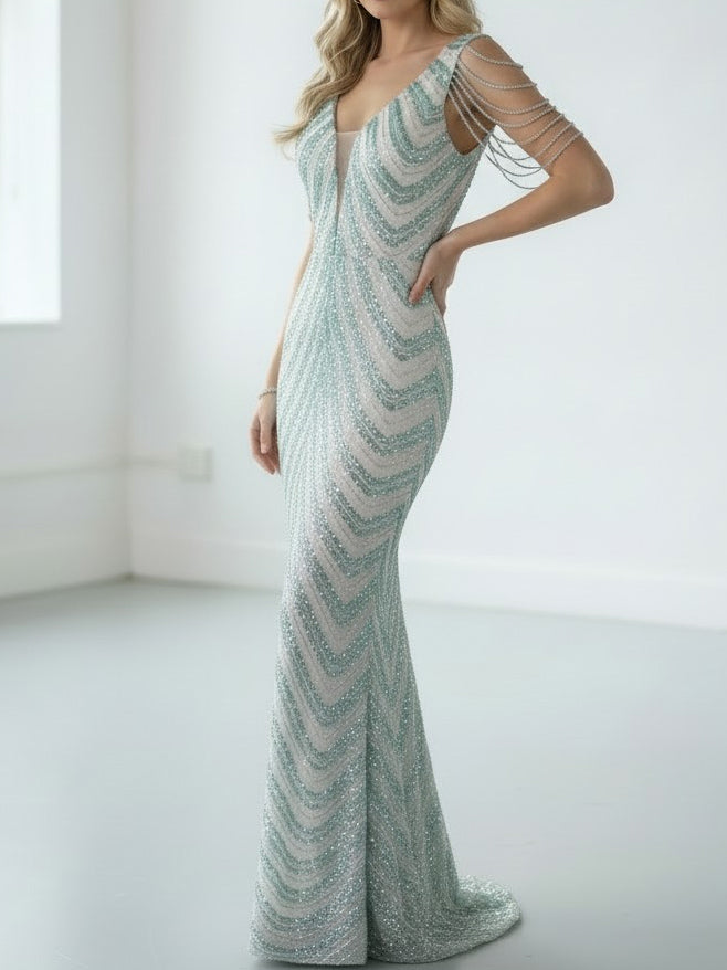 Beaded Shoulder Sequin Gown