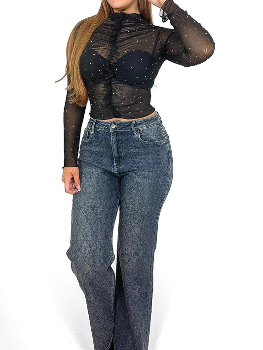 Vintage Wide Leg Criss Cross Diamante Jeans