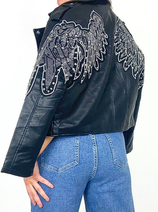 Diamante Detail Angel Wing PU Jacket