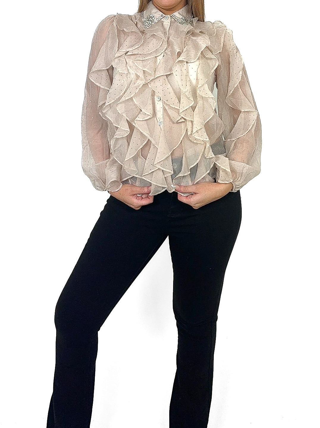 Sheer Studded Blouse With Diamante Collar