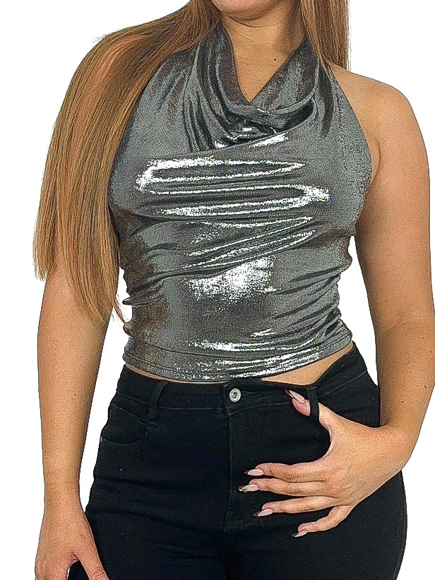 Cowl Neck Metallic Crop Top