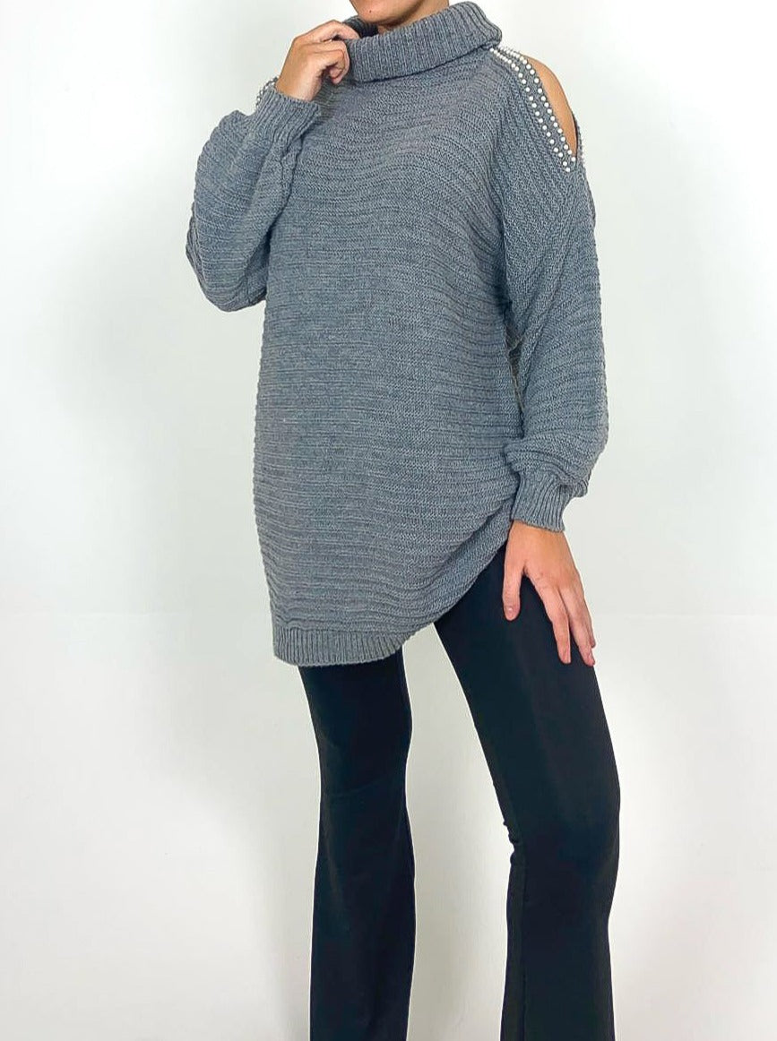 Pearl Detail Cold Shoulder Jumper