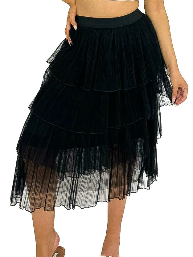 Layered Mesh Pleated Midi Skirt