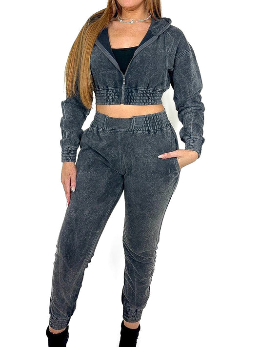 Washed Out Zipped Crop Hoody Tracksuit