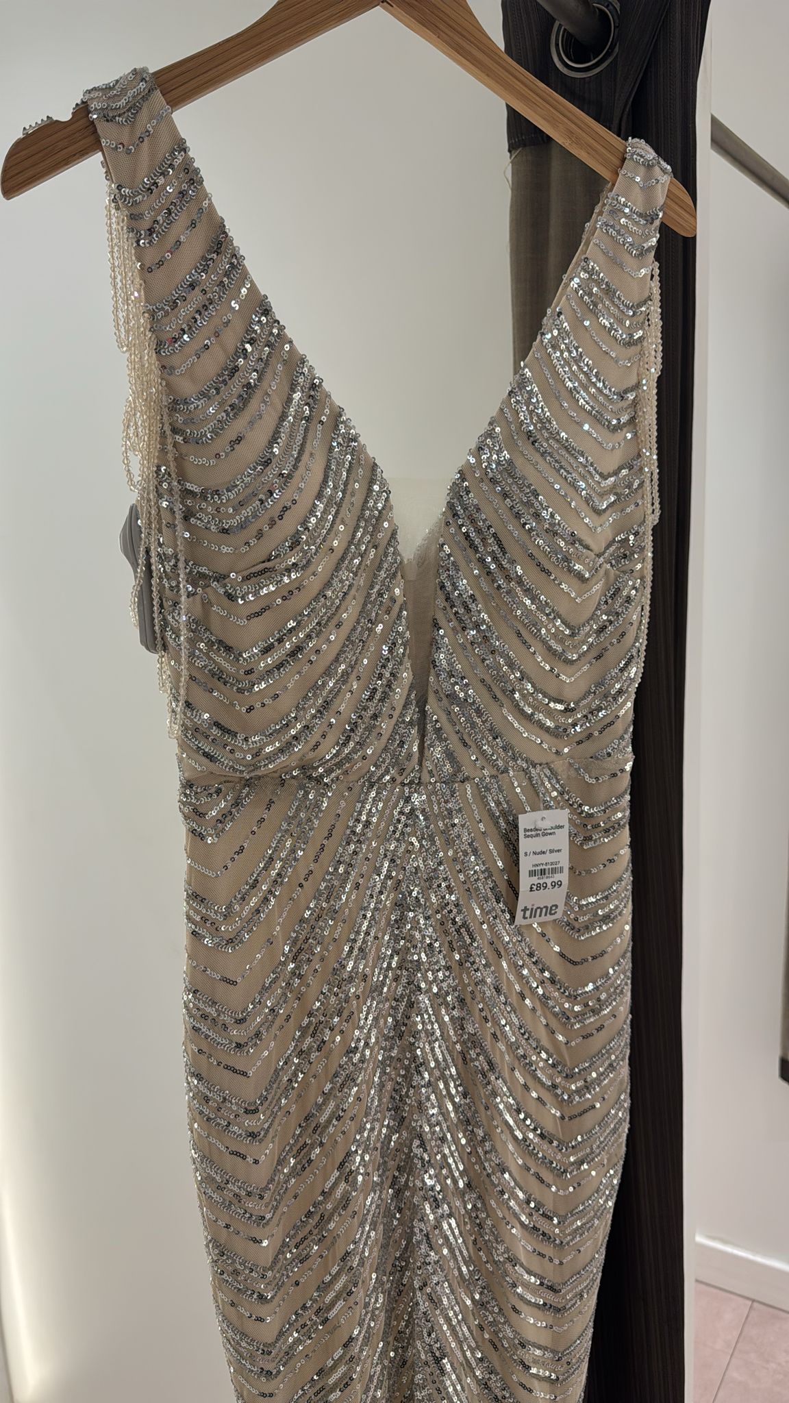Beaded Shoulder Sequin Gown